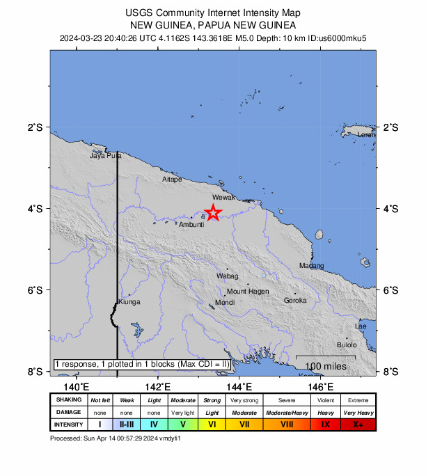 USGS DYFI community-reported intensity map for the M5.0 earthquake near 55 km ENE of Ambunti, Papua New Guinea