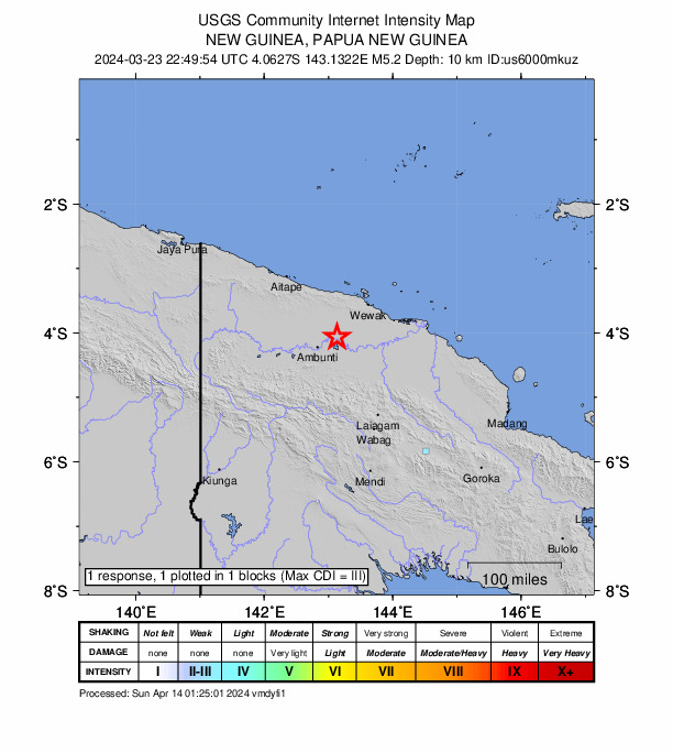 USGS DYFI community-reported intensity map for the M5.1 earthquake near 38 km ENE of Ambunti, Papua New Guinea