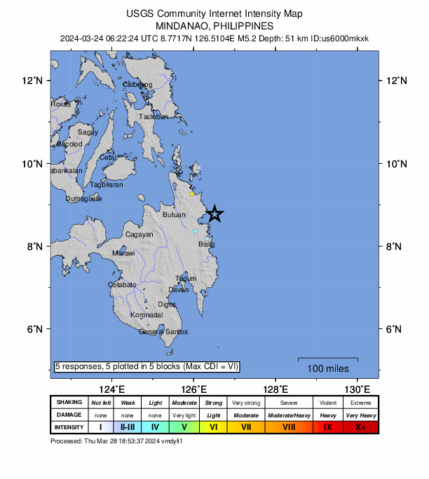 USGS DYFI community-reported intensity map for the M5.2 earthquake near 11 km ESE of Marihatag, Philippines