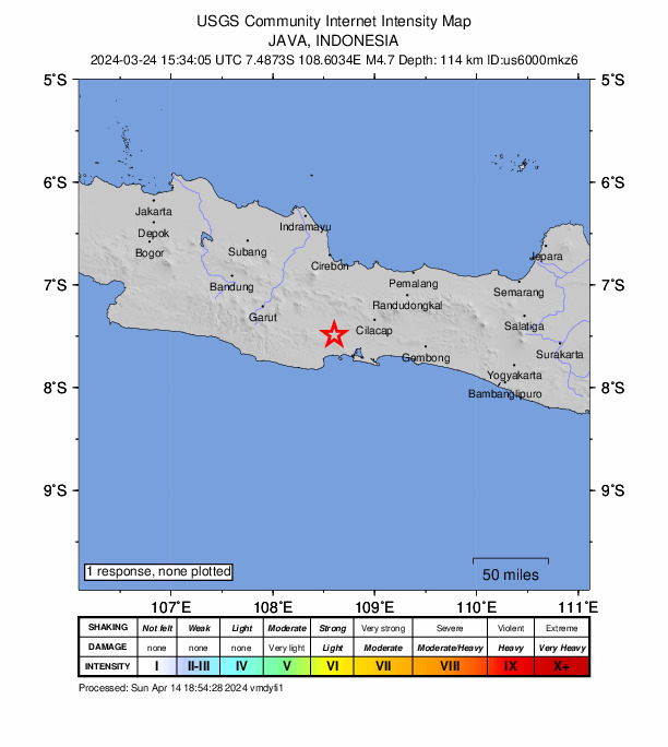 USGS DYFI community-reported intensity map for the M4.7 earthquake near 20 km W of Sidareja, Indonesia