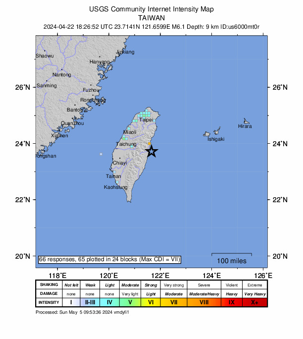 USGS DYFI community-reported intensity map for the M6.1 earthquake near 29 km S of Hualien City, Taiwan