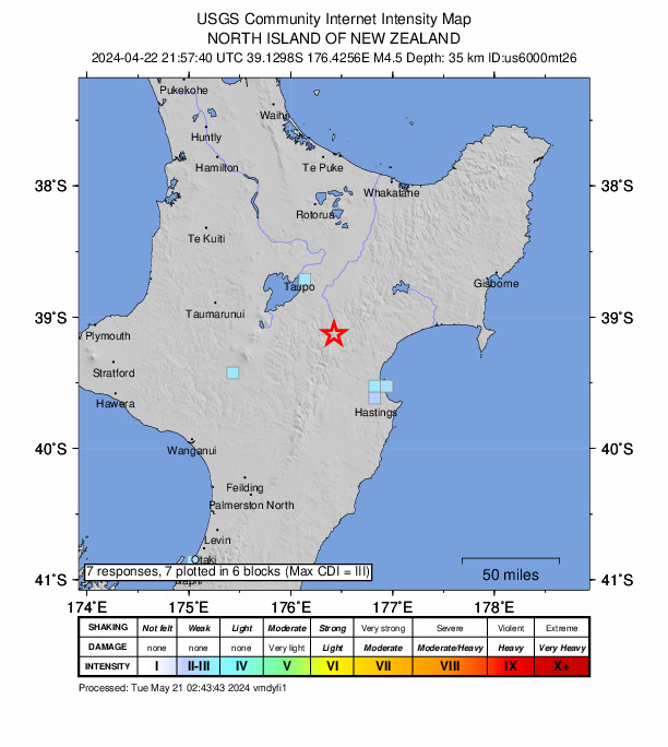 USGS DYFI community-reported intensity map for the M4.5 earthquake near 49 km NW of Bay View, New Zealand