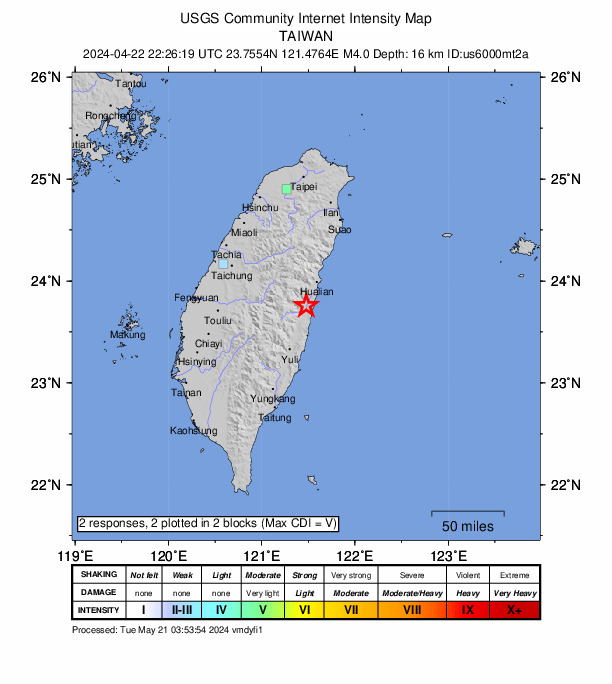 USGS DYFI community-reported intensity map for the M4.0 earthquake near 27 km SSW of Hualien City, Taiwan
