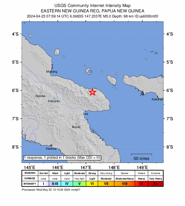 USGS DYFI community-reported intensity map for the M5.0 earthquake near 75 km NNE of Lae, Papua New Guinea