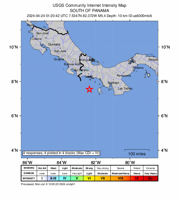 USGS DYFI community-reported intensity map for the M5.4 earthquake near 77 km SSW of Boca Chica, Panama