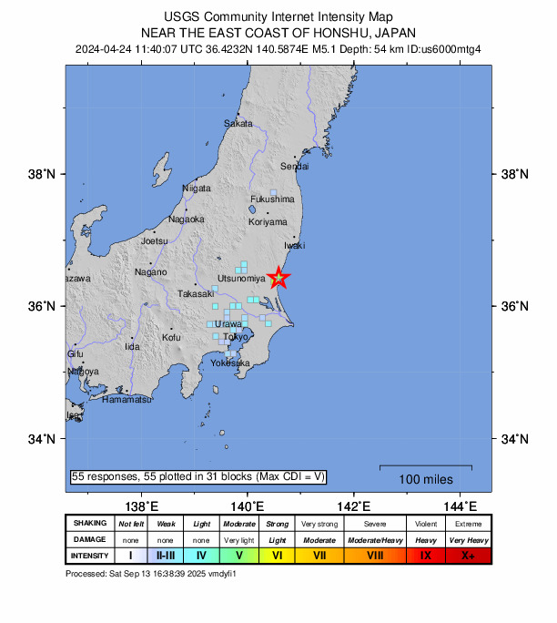 USGS DYFI community-reported intensity map for the M5.1 earthquake near 5 km SSE of Funaishikawa, Japan