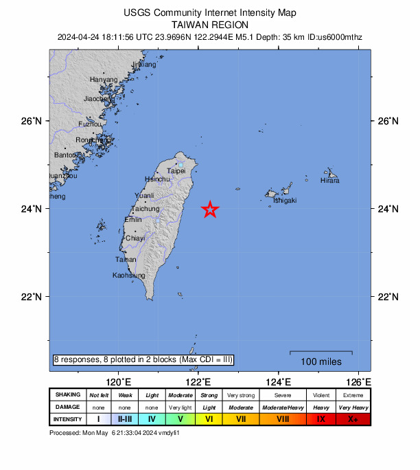USGS DYFI community-reported intensity map for the M5.1 earthquake near 70 km E of Hualien City, Taiwan