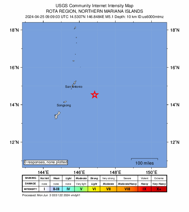 USGS DYFI community-reported intensity map for the M5.1 earthquake near 141 km ESE of Saipan, Northern Mariana Islands