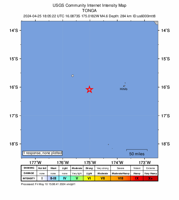 USGS DYFI community-reported intensity map for the M4.6 earthquake near 131 km W of Hihifo, Tonga