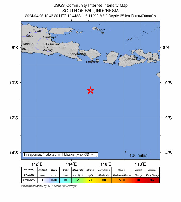 USGS DYFI community-reported intensity map for the M5.0 earthquake near 184 km S of Nusa Dua, Indonesia