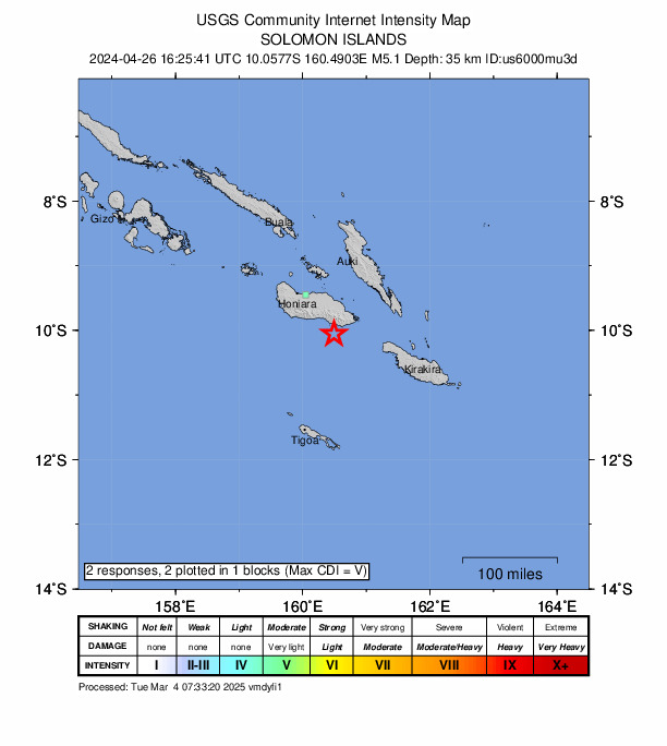 USGS DYFI community-reported intensity map for the M5.1 earthquake near 91 km SE of Honiara, Solomon Islands