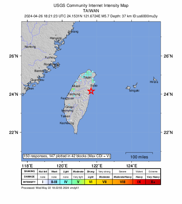 USGS DYFI community-reported intensity map for the M5.7 earthquake near 20 km NNE of Hualien City, Taiwan