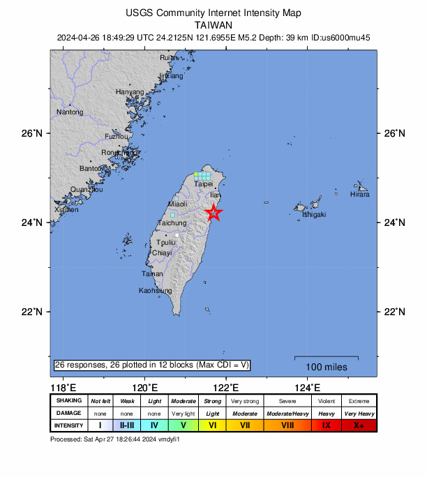 USGS DYFI community-reported intensity map for the M5.2 earthquake near 29 km NNE of Hualien City, Taiwan