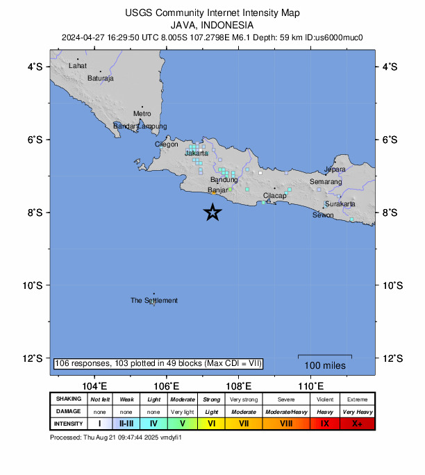 USGS DYFI community-reported intensity map for the M6.1 earthquake near 91 km S of Banjar, Indonesia