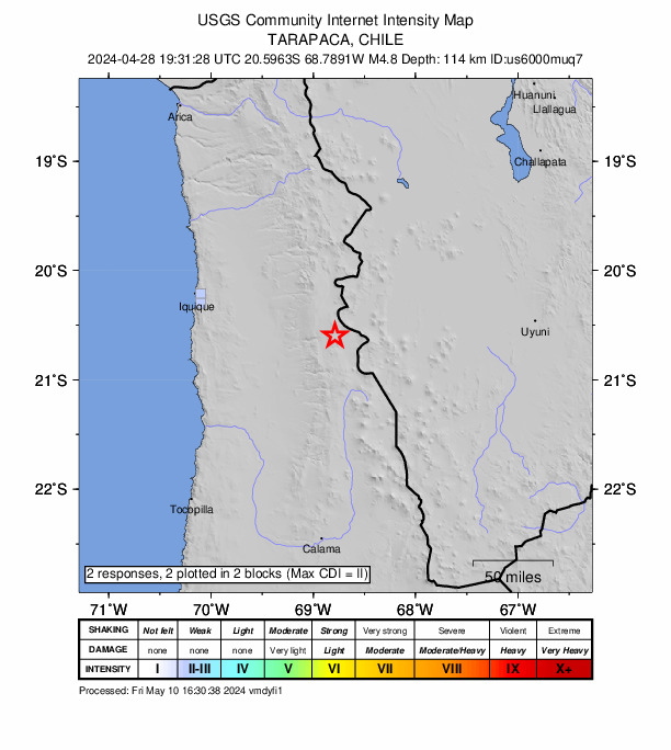 USGS DYFI community-reported intensity map for the M4.8 earthquake near 89 km NW of Ollagüe, Chile