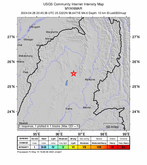 USGS DYFI community-reported intensity map for the M4.6 earthquake near 76 km WNW of Myitkyina, Myanmar