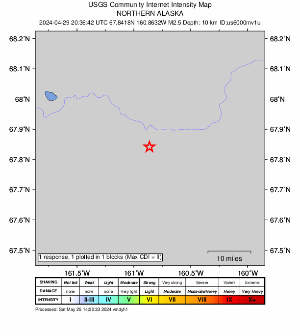 USGS DYFI community-reported intensity map for the M2.5 earthquake near 89 km ESE of Red Dog Mine, Alaska