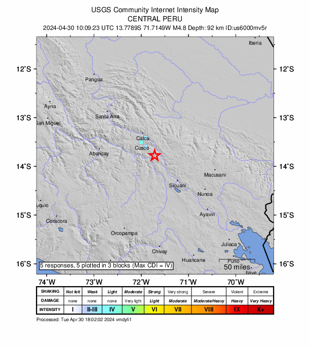 USGS DYFI community-reported intensity map for the M4.8 earthquake near 10 km SW of Urcos, Peru