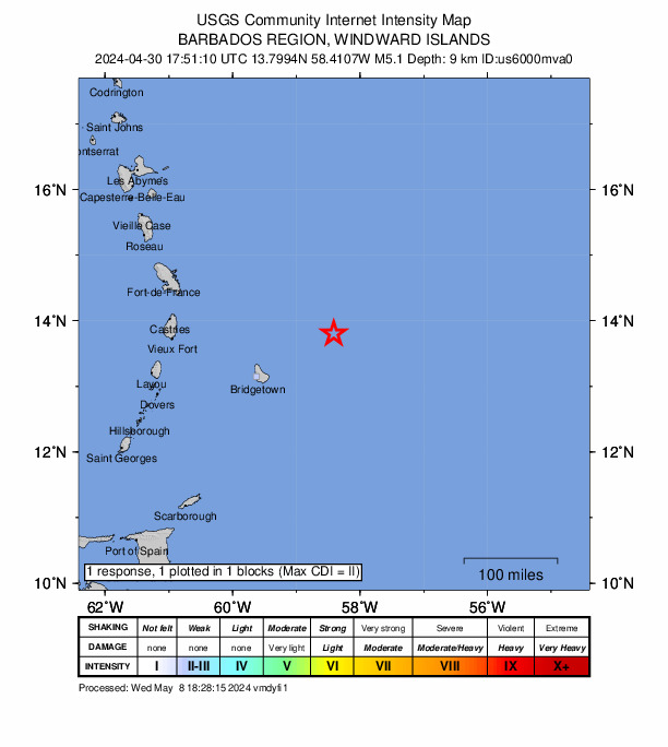 USGS DYFI community-reported intensity map for the M5.1 earthquake near 136 km NE of Crane, Barbados