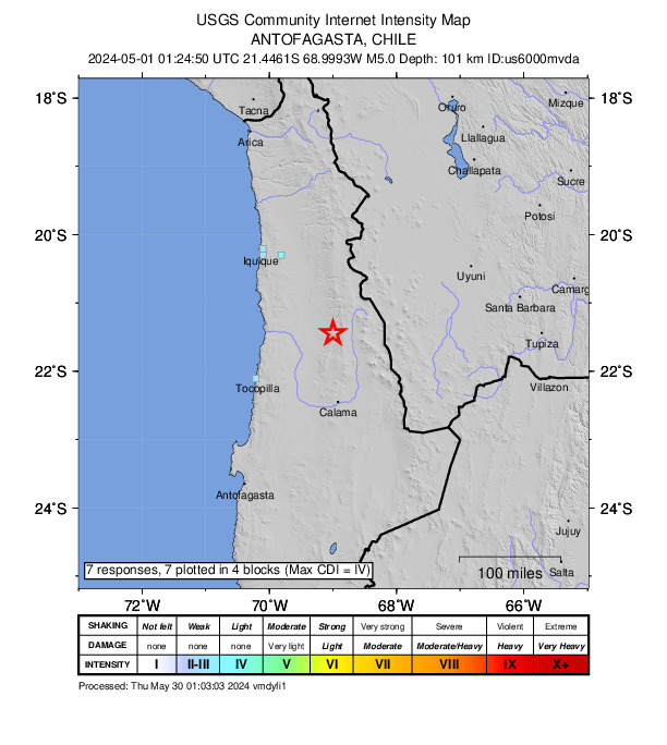 USGS DYFI community-reported intensity map for the M5.0 earthquake near 81 km WSW of Ollagüe, Chile