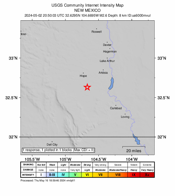 USGS DYFI community-reported intensity map for the M2.6 earthquake near 20 km SSE of Hope, New Mexico
