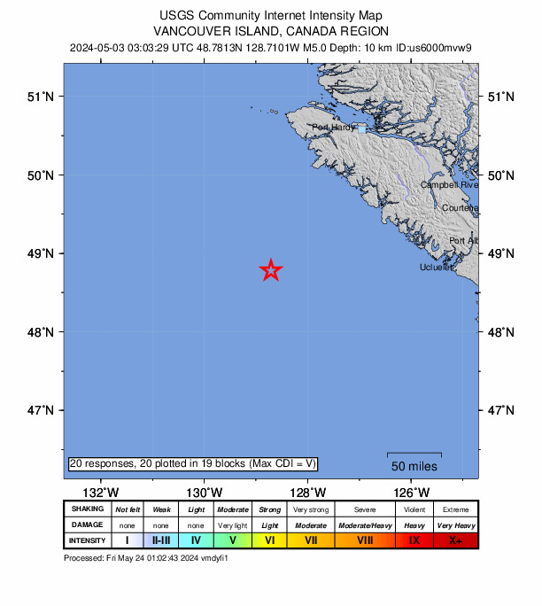 USGS DYFI community-reported intensity map for the M5.0 earthquake near 210 km WSW of Tofino, Canada