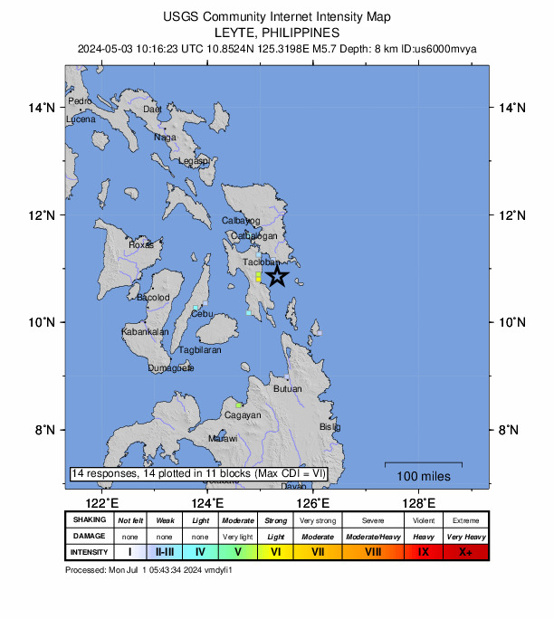USGS DYFI community-reported intensity map for the M5.7 earthquake near 27 km SSW of Balangiga, Philippines