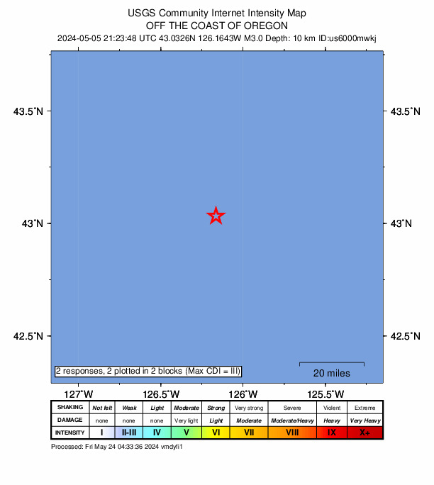 USGS DYFI community-reported intensity map for the M3.0 earthquake near 139 km WNW of Port Orford, Oregon
