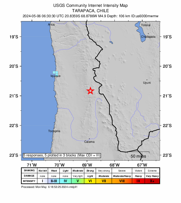 USGS DYFI community-reported intensity map for the M5.0 earthquake near 78 km WNW of Ollagüe, Chile