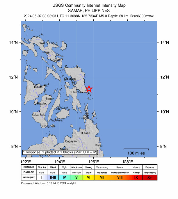 USGS DYFI community-reported intensity map for the M5.0 earthquake near 12 km E of Hernani, Philippines