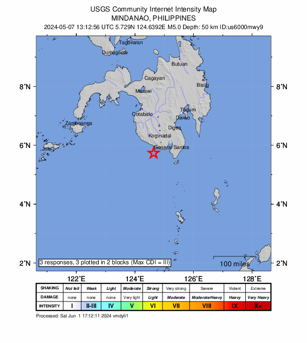USGS DYFI community-reported intensity map for the M5.0 earthquake near 25 km SSW of Maan, Philippines