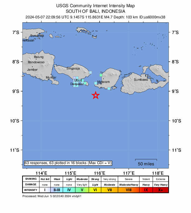 USGS DYFI community-reported intensity map for the M4.7 earthquake near 51 km SSW of Lembar, Indonesia