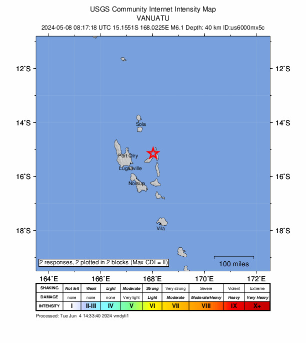 USGS DYFI community-reported intensity map for the M6.1 earthquake near 101 km ENE of Luganville, Vanuatu