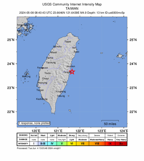 USGS DYFI community-reported intensity map for the M4.9 earthquake near 37 km S of Hualien City, Taiwan