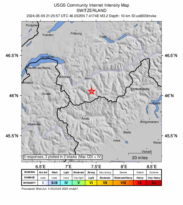 USGS DYFI community-reported intensity map for the M3.2 earthquake near 9 km SW of Evolène, Switzerland