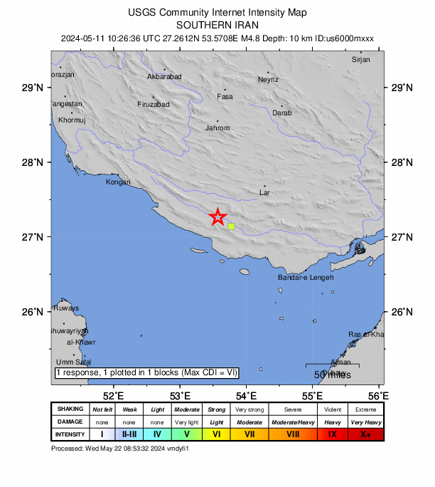 USGS DYFI community-reported intensity map for the M4.8 earthquake near 70 km SW of Gerāsh, Iran