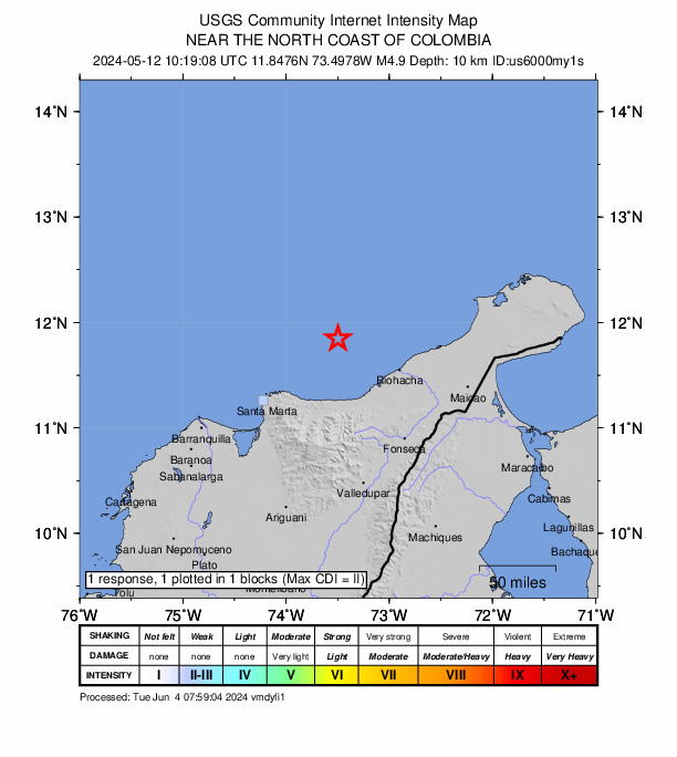 USGS DYFI community-reported intensity map for the M4.9 earthquake near 65 km NNW of Dibulla, Colombia