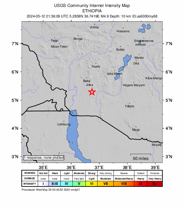 USGS DYFI community-reported intensity map for the M4.9 earthquake near 41 km SSE of Jinka, Ethiopia