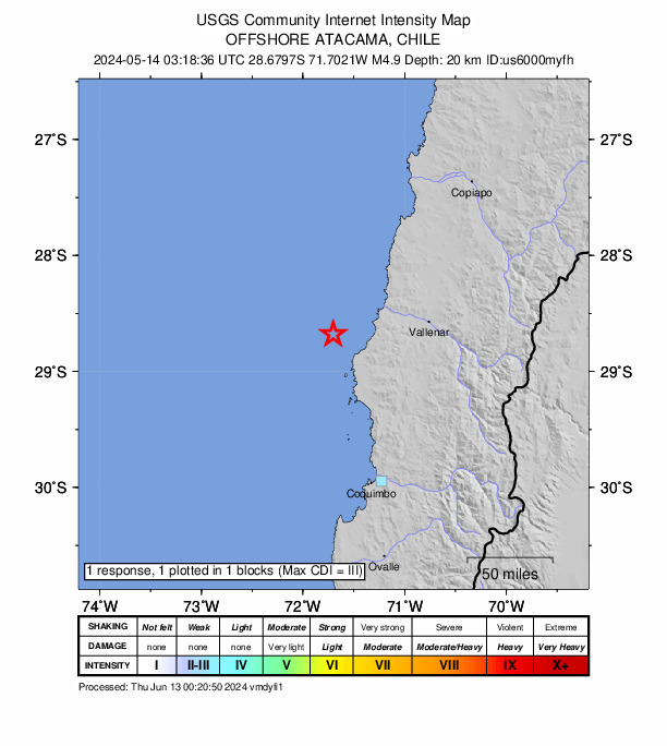 USGS DYFI community-reported intensity map for the M4.9 earthquake near 91 km W of Vallenar, Chile