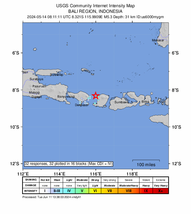 USGS DYFI community-reported intensity map for the M5.3 earthquake near 15 km NNW of Gili Trawangan, Indonesia