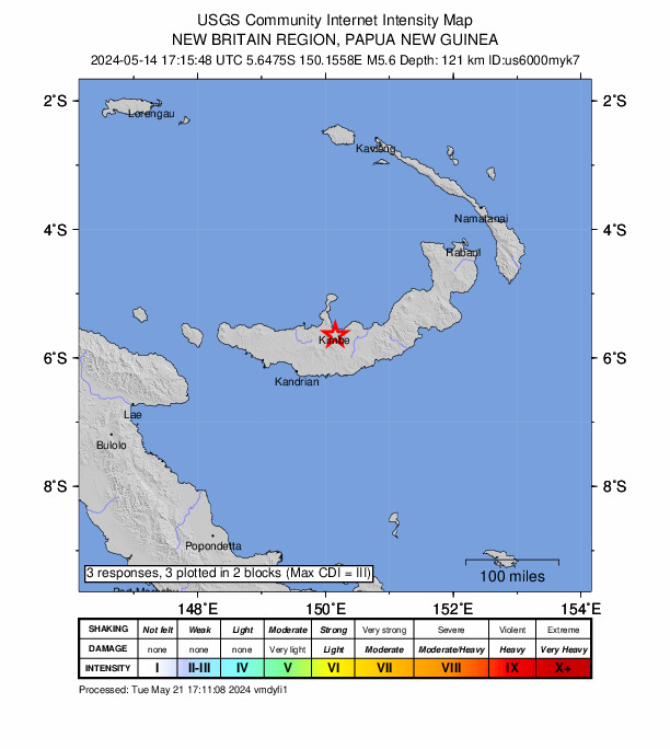 USGS DYFI community-reported intensity map for the M5.6 earthquake near 10 km S of Kimbe, Papua New Guinea