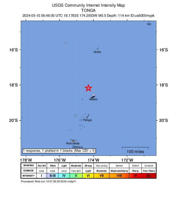 USGS DYFI community-reported intensity map for the M5.0 earthquake near 61 km NW of Neiafu, Tonga