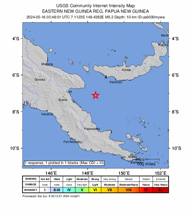 USGS DYFI community-reported intensity map for the M5.2 earthquake near 89 km SE of Finschhafen, Papua New Guinea