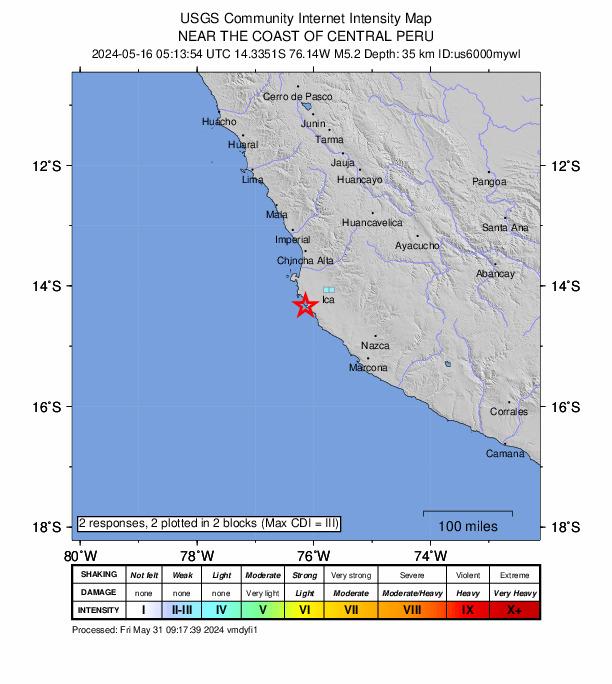 USGS DYFI community-reported intensity map for the M5.2 earthquake near 49 km WSW of Santiago, Peru