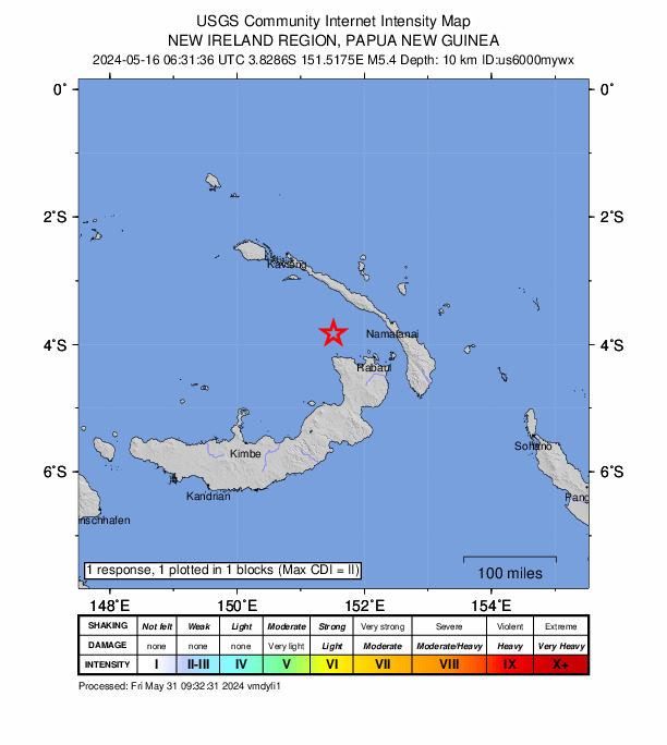 USGS DYFI community-reported intensity map for the M5.4 earthquake near 82 km WNW of Rabaul, Papua New Guinea