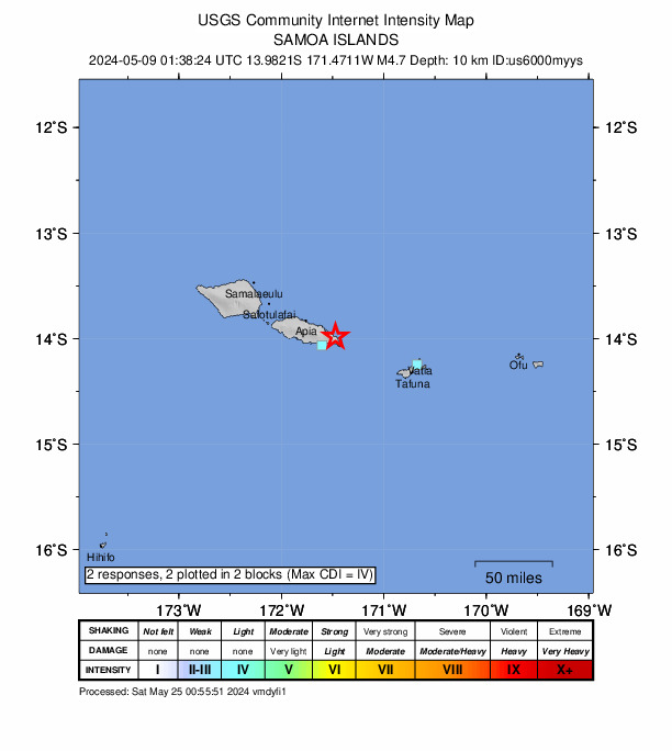 USGS DYFI community-reported intensity map for the M4.7 earthquake near 8 km SE of Samamea, Samoa