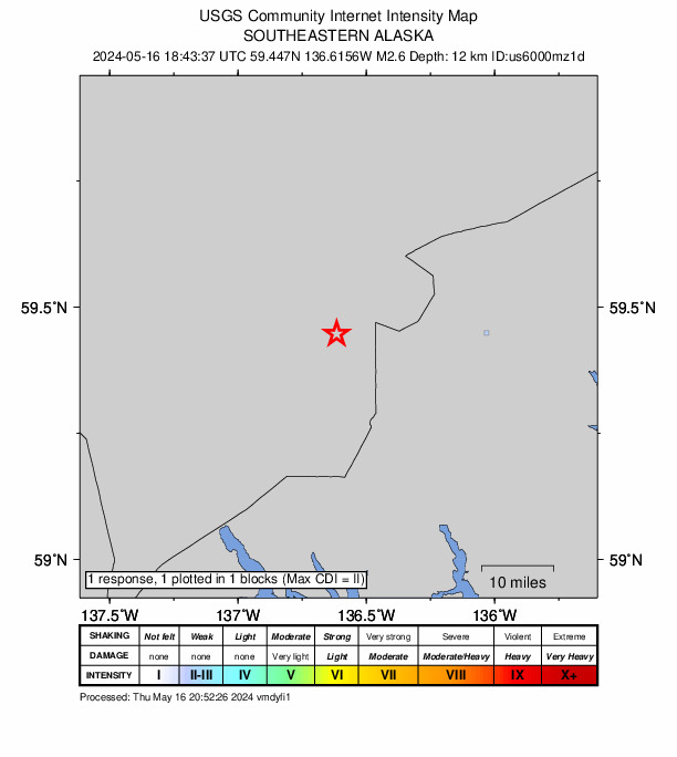 USGS DYFI community-reported intensity map for the M2.6 earthquake near 33 km WSW of Mosquito Lake, Alaska
