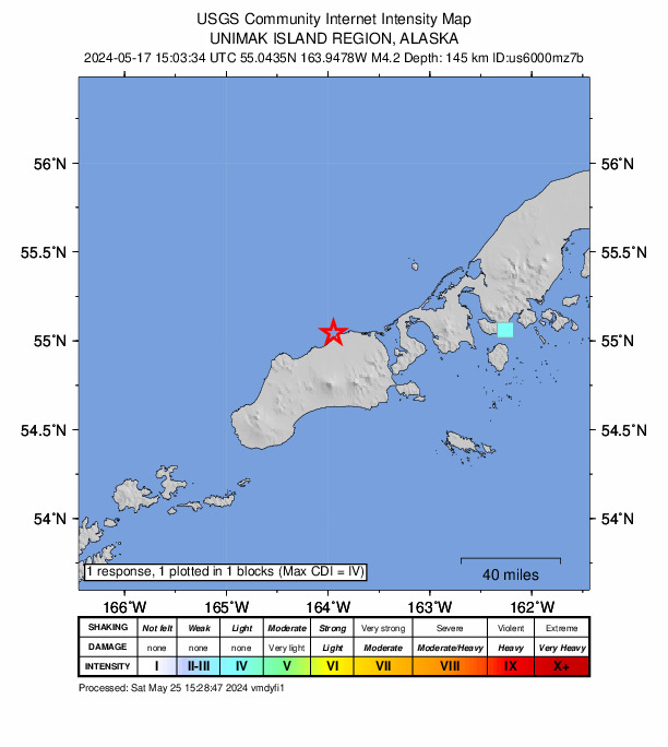 USGS DYFI community-reported intensity map for the M4.2 earthquake near 37 km WNW of False Pass, Alaska