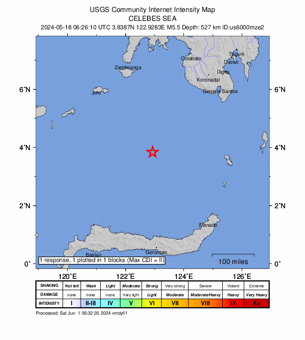 USGS DYFI community-reported intensity map for the M5.5 earthquake near 267 km SSE of Tabiauan, Philippines