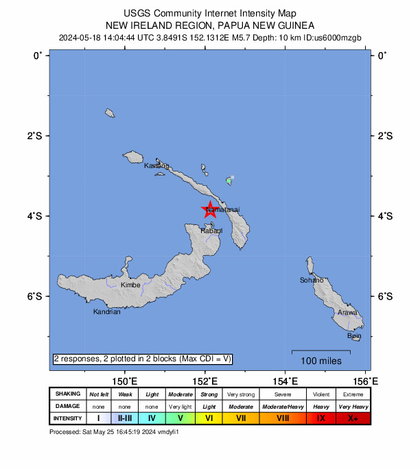 USGS DYFI community-reported intensity map for the M5.7 earthquake near 39 km N of Rabaul, Papua New Guinea